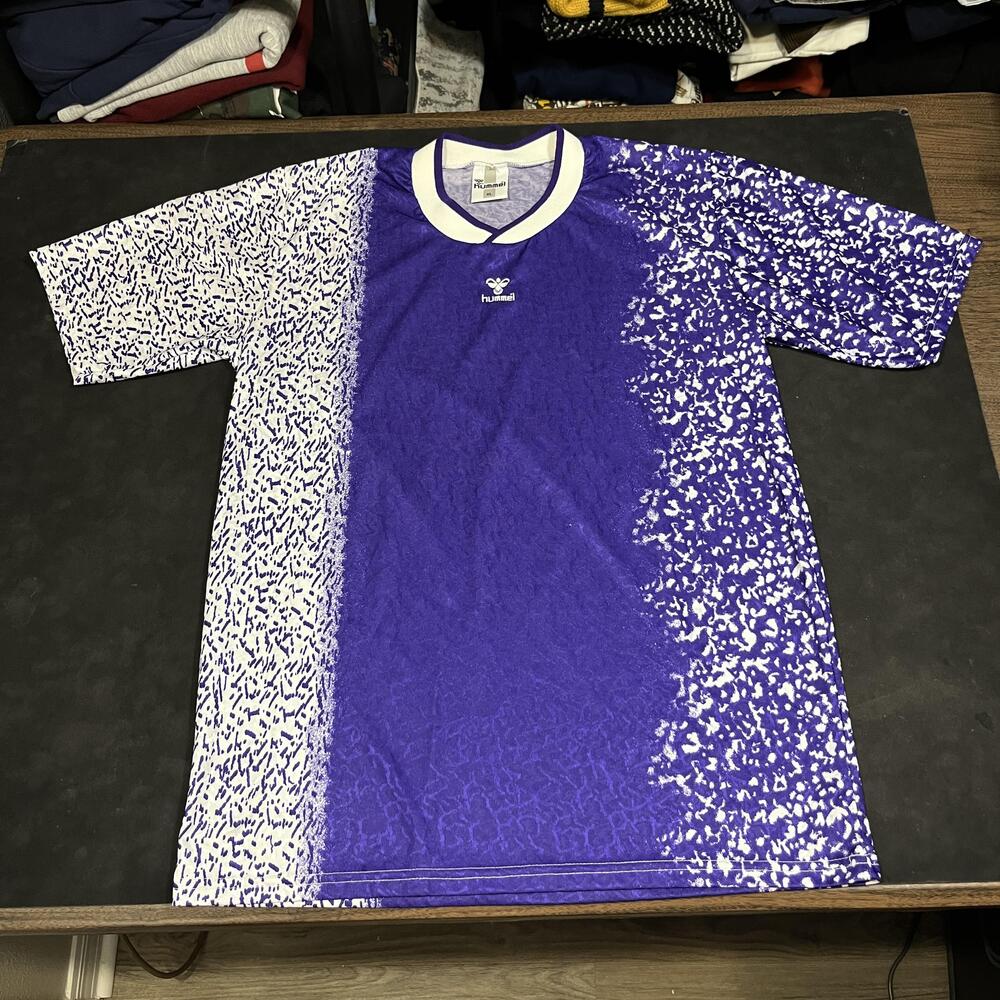 Vintage Hummel Soccer Shirt Mens XL Purple White Allover Graphic Jersey 90s